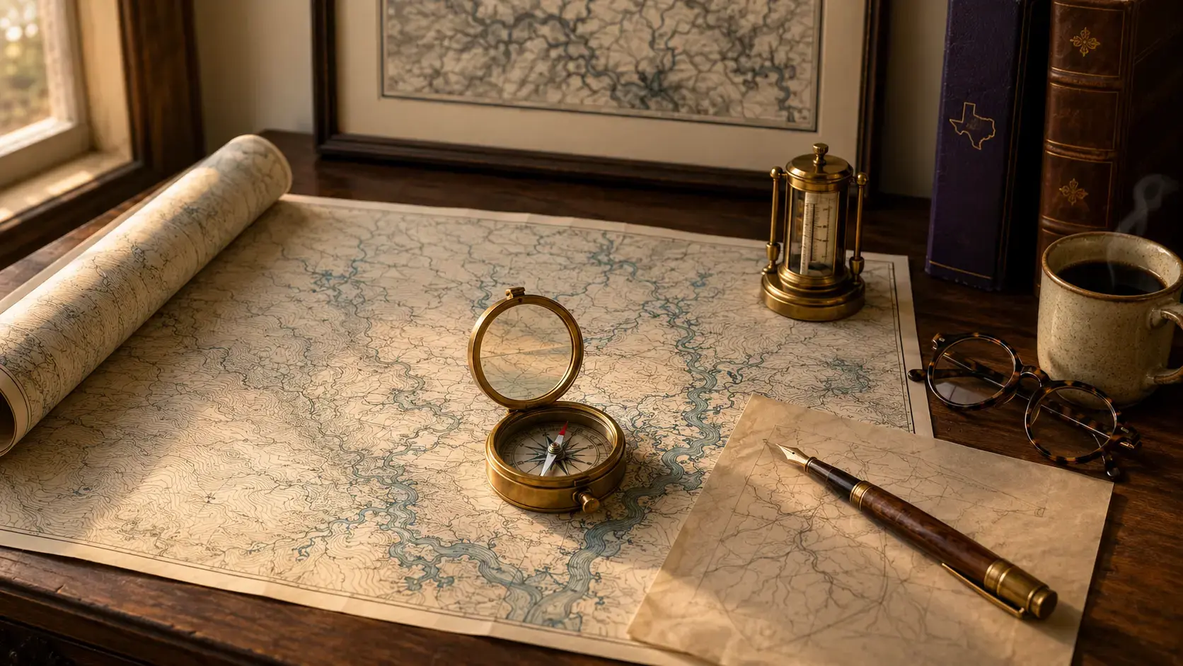 Harris County flood map study desk with survey compass and barometer